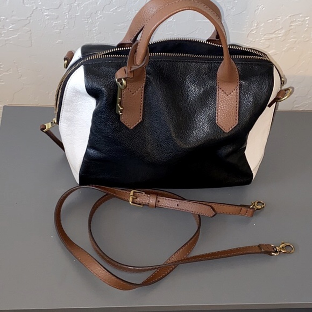 FOSSIL 3 Tone Black/White/Brown Buttery Soft Leather Satchel/Shoulder EUC